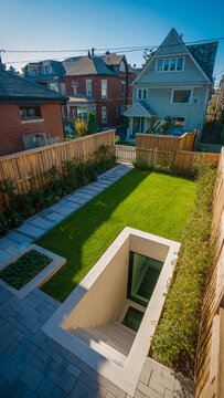 Entrance to an underground shelter in the backyard of a house, a protective secret bunker, view from above