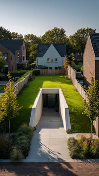 Entrance to an underground shelter in the backyard of a house, a protective secret bunker, view from above