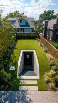 Entrance to an underground shelter in the backyard of a house, a protective secret bunker, view from above