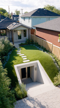 Entrance to an underground shelter in the backyard of a house, a protective secret bunker, view from above