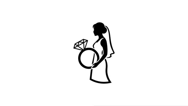 Premium bridal logo combining bride silhouette and diamond ring symbol, elegant wedding branding, minimalist vector style, black monochrome design, isolated white background, Wedding rings vector icon