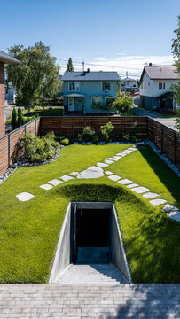 Entrance to an underground shelter in the backyard of a house, a protective secret bunker, view from above