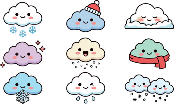 Kawaii Cute Cloud Character Sticker Set with Smiling Faces Wearing Winter Scarf Hat and Weather Elements for Kids Planner Vector Graphic Designs