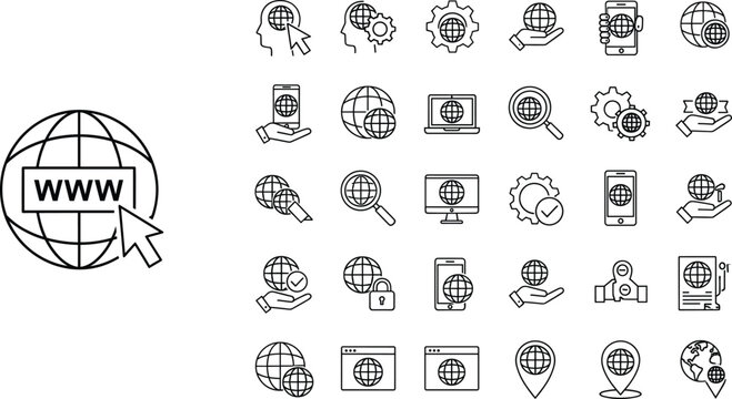 Internet and web browsing icon set featuring global connection, online search, and network symbols for technology, business, and communication design projects