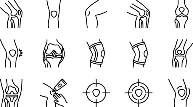 Human Knee Joint and Orthopedic Anatomy Line Icon Set with Pain Inflammation Support Brace Surgery and Ointment Treatment Symbols for Medical Vector Designs