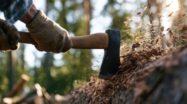 Gloved lumberjack chopping a fallen log with an axe in a sunlit forest