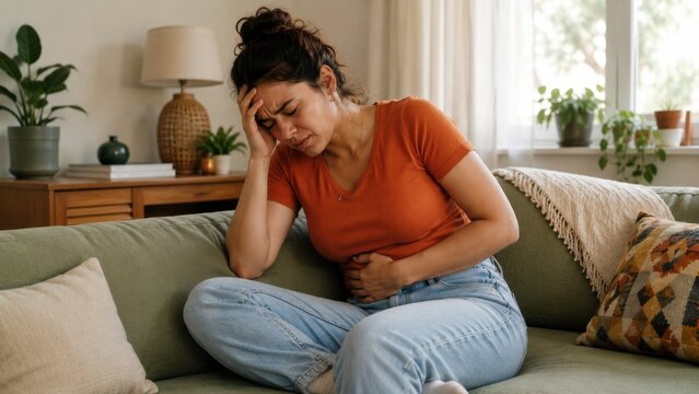 Woman with stomach cramps sitting on sofa at home, feeling unwell and distressed