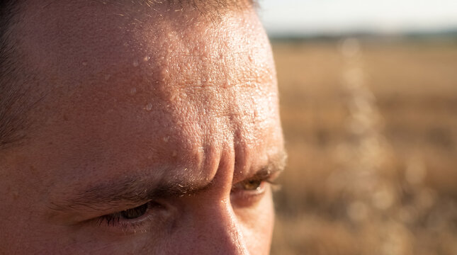 summer heat sweat forehead dehydration health warning hot weather macro detail of sweat droplets on a person forehead during a heat wave showing body stress overheating and hydration need for medical