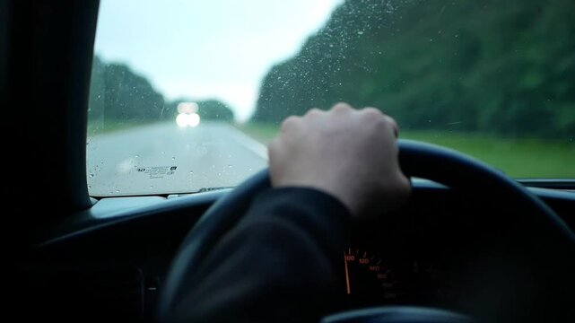 A close-up of a person's hand on the steering wheel while driving on a rainy road. Video for topics to transportation, travel, driving, trips, automobiles, safety, or navigation