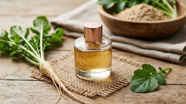 Natural maca root extract in a glass perfume bottle with fresh root and powder on a rustic wooden surface
