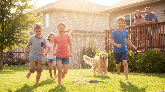 summer heat children sprinkler backyard water play cooling family children run through a backyard sprinkler on a very hot day creating joyful water play and family summer relief with distinct hot