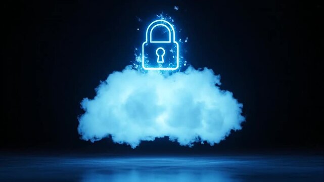 Blue neon padlock icon above a glowing digital cloud on a dark background representing secure cloud computing and data privacy