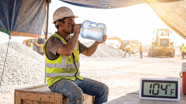 summer heat construction worker water break shade safety hydration construction worker takes a water break in shade during harsh heat showing workplace safety and outdoor labor risk with distinct hot