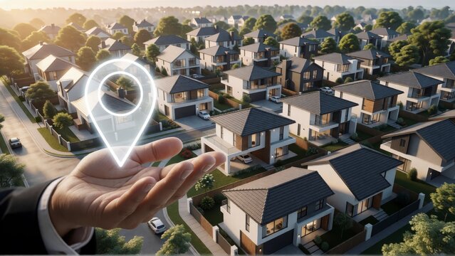 Hand holding a glowing location pin icon over a suburban residential neighborhood aerial view