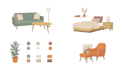 Fototapeta premium Minimalist flat lay of cozy bedroom and living room furniture set with plants and decor Vector