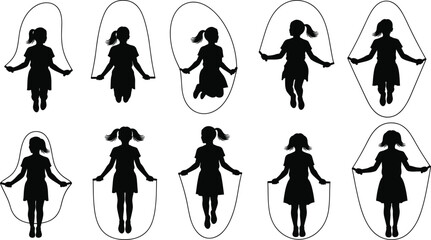 Jump rope silhouette icon set featuring ponytailed figure in various skipping poses for fitness, movement, and exercise design projects © Nafij World