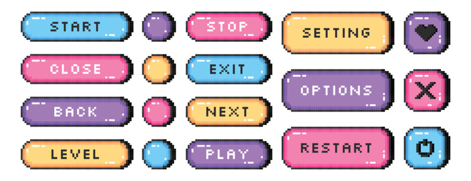 Pixel art retro game menu buttons pack vector