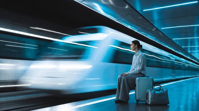 Traveler waiting at futuristic train station with motion blur high speed train passing by modern underground platform illuminated in blue light