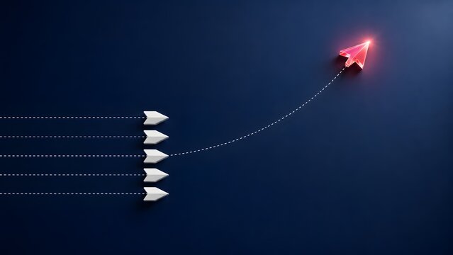 Red glowing arrow breaking away from group of white arrows symbolizing leadership innovation and business disruption on dark background