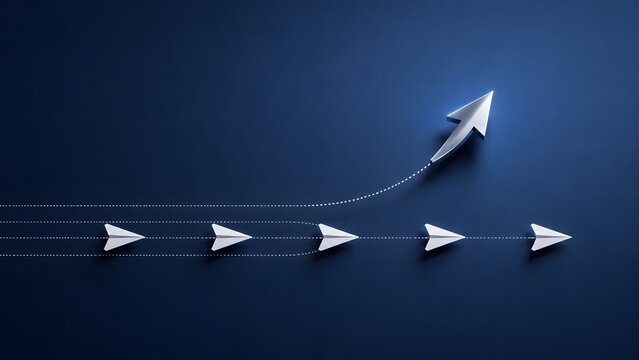Metallic paper airplane flying upward breaking away from the crowd illustrating competitive advantage innovation and career progression