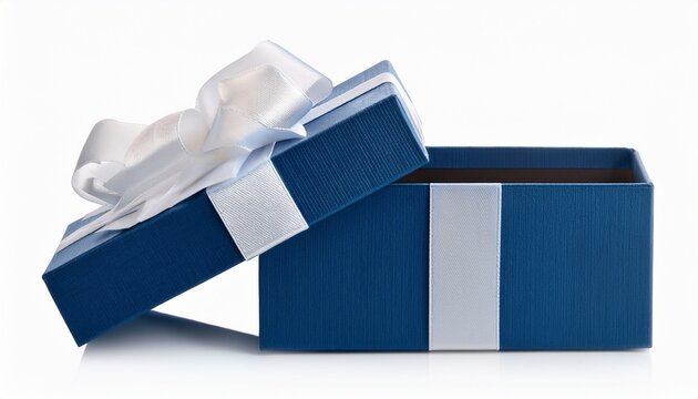 Blue Open Gift Box With White Bow Isolated On White