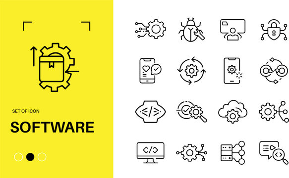 Software Development Line Icon Set, Programming and Application Outline Vector Icons Collection, Coding Technology Editable Stroke Pack