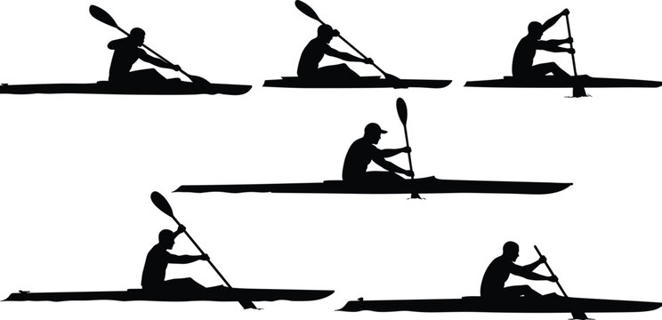 Kayak and canoe silhouettes, athletes paddling on water, adventure sport and outdoor activity, vector illustration