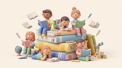 Children reading books in a cozy, colorful, and imaginative setting - a digital illustration representing learning and childhood exploration. © Dhedy Aris Yanto