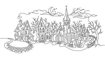 Fototapeta premium A detailed hand drawn sketch of a spooky haunted village at night.