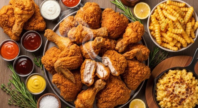 Big platter of crispy southern fried chicken with mac and cheese and french fries.