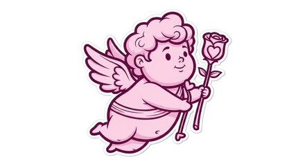 Obraz premium Cute Pink Cupid Cartoon Character Holding a Rose for Valentine's Day Celebration Illustration