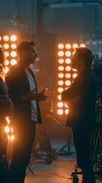 A charismatic actor and a focused director talk beside glowing set lights and a sci-fi backdrop, surrounded by camera gear. Energetic mood, warm studio lighting, medium-wide composition.