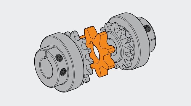 Elastomer coupling single isolated object featuring a central orange gear insert between two steel sprockets for mechanical power transmission