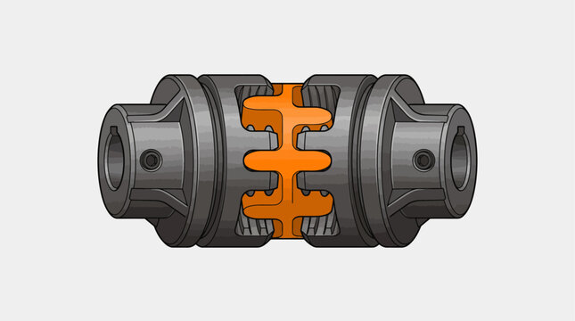 Industrial Flexible Shaft Coupling with Orange Elastomer Element Isolated on Gray Background for Mechanical Engineering