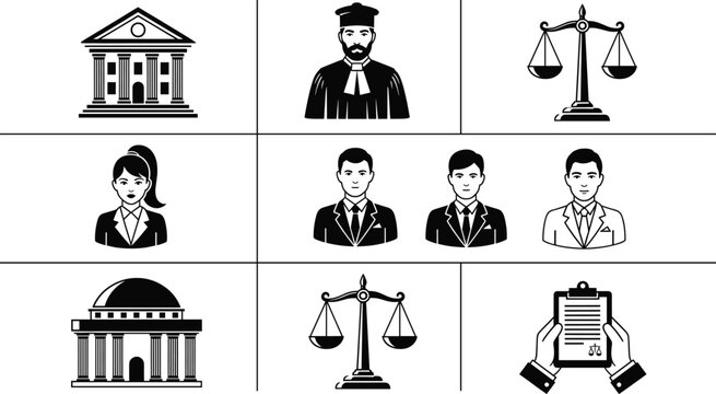 Law and justice icons set, courthouse judge lawyer scales and legal document symbols, legal services vector illustration
