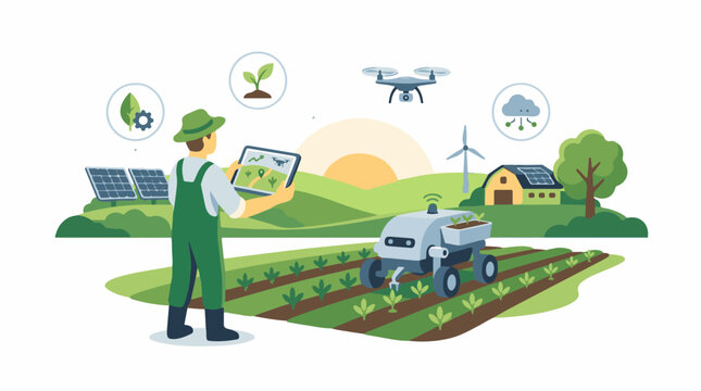 A farm worker uses technology to monitor and manage a modern sustainable agricultural field with a robot and drone