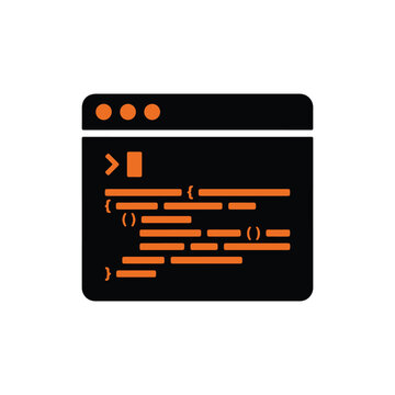 Vector illustration of a black coding web browser window with orange lines of code and symbols on a white background, representing programming and software development.