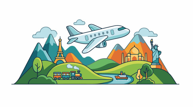 A stylized cartoon landscape with iconic landmarks and modes of transport