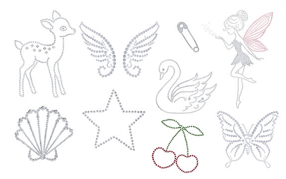Collection of sparkling rhinestone hotfix motifs featuring a fairy with pink wings, deer, angel wings, swan, butterfly, cherry, seashell, star and safety pin. Elegant crystal embellishment templates 