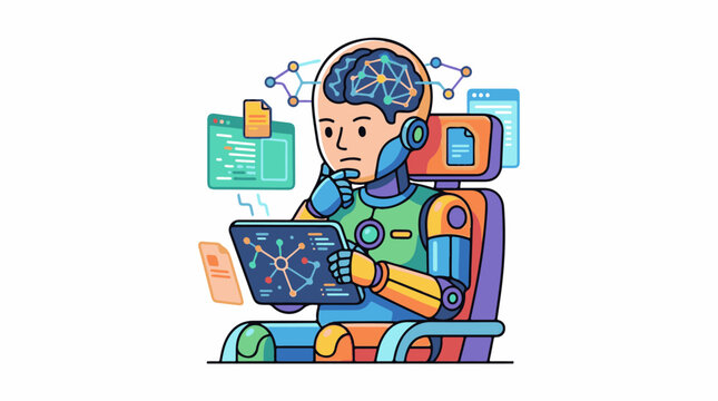 Robot contemplating data on digital displays and tablet