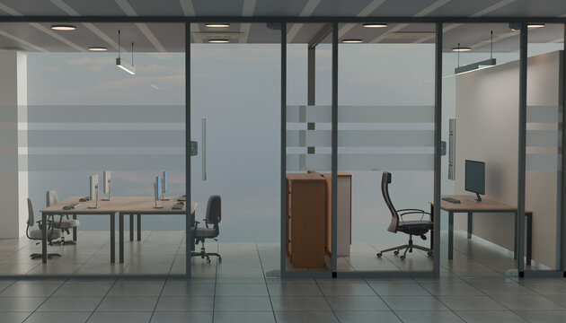 Modern corporate office interior featuring glass partitions with frosted stripes separating a conference table area and a private workspace with a wooden cabinet and an ergonomic chair
