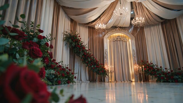 Elegant Wedding Stage Decoration with Drapes Chandeliers and Floral Luxury Event Setup Interior