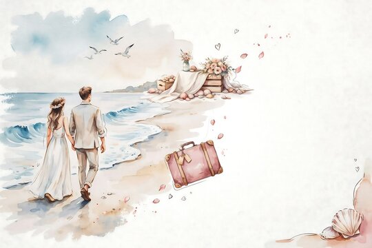 Romantic Beach Couple Walking by Shore with Floating Suitcase and Dreamy Watercolor Love Story Illustration