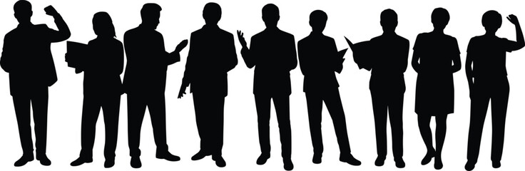 Fototapeta premium Silhouette business people standing, professional team discussion, corporate communication poses, office workers group, formal posture, teamwork concept, isolated black figures illustration