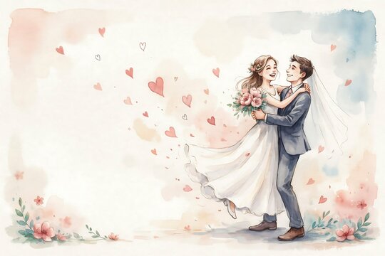 Romantic Wedding Couple Illustration with Floating Hearts Watercolor Love Story Bridal Design