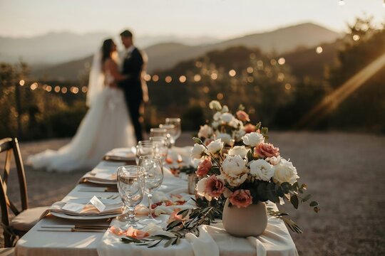 Romantic Outdoor Wedding Reception Table Setting with Floral Centerpiece, Blurred Bride and Groom at Mountain Sunset