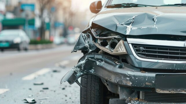 Close up on a severely wrecked car s front end with a deformed bumper shattered headlight and crumpled hood lying on a debris strewn urban road