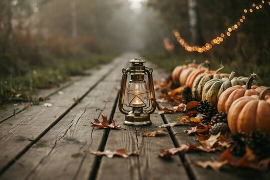 Rustic Autumn Lantern Decor with Pumpkins and Wooden Path in Misty Forest Setting