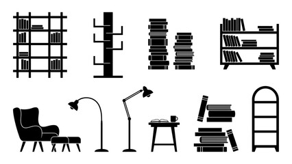 Furniture silhouette set featuring bookshelves books armchair and reading lamps © CreatifyStudio