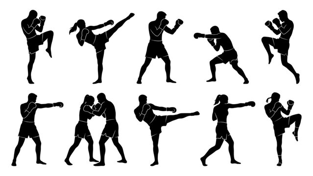Kickboxing and martial arts fighter silhouettes engaging in combat and sparring poses